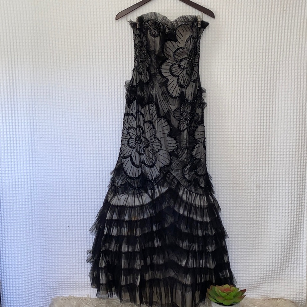 Alyce Designs Paris Black Silk Floral Lace Sequin Mesh Strapless Mermaid Dress